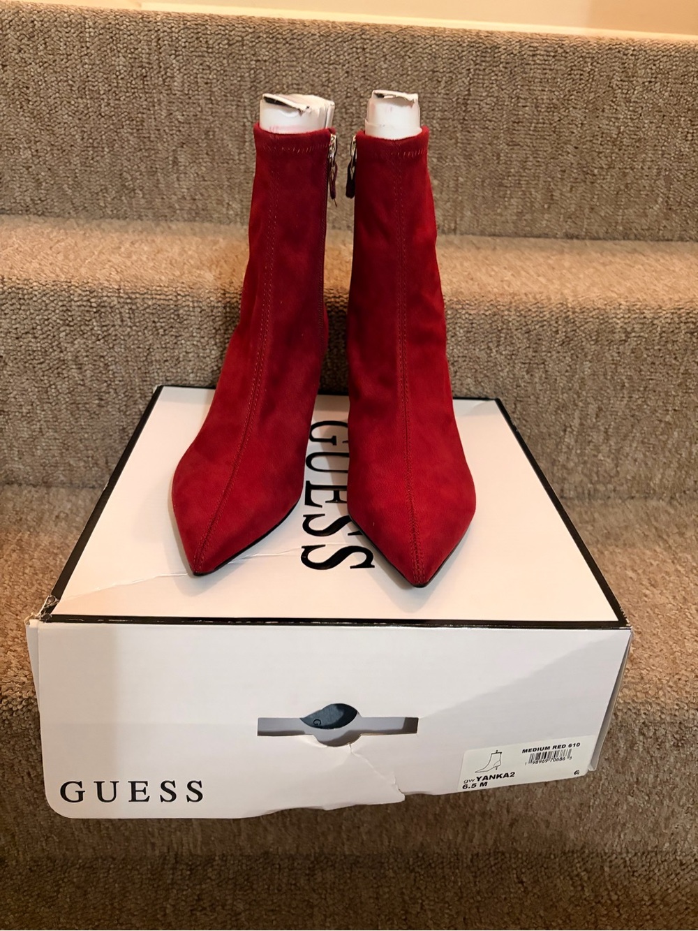 GUESS Red Suede Pointed-Toe Sock Ankle Boots